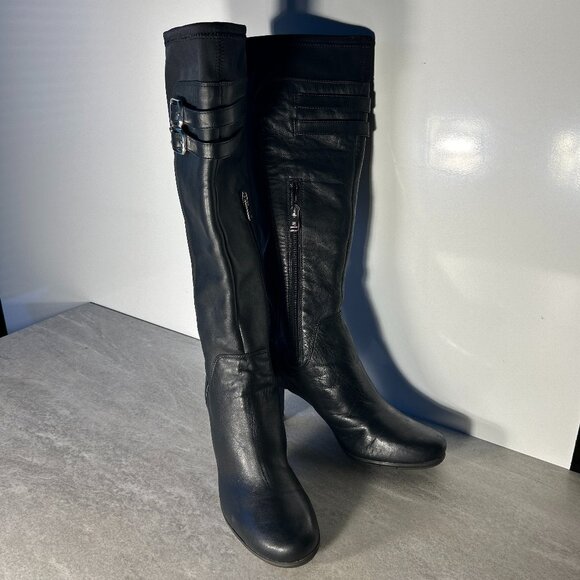 Rockport SZ 10 Black Leather Knee High Heeled Adiprene Comfort Boot Old $ Staple - Picture 1 of 10